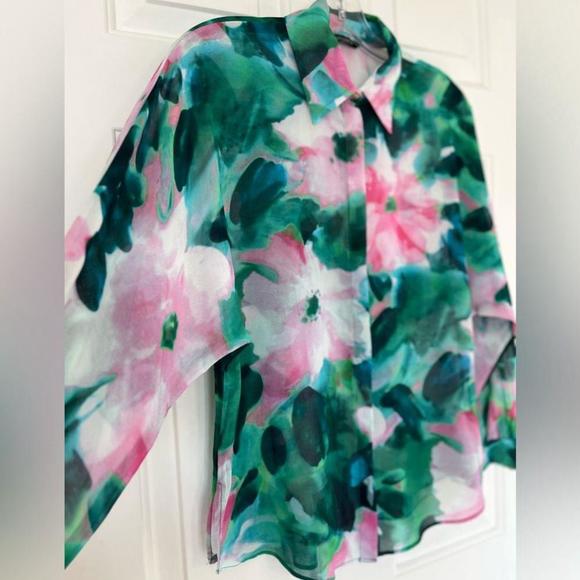 SOLD Zara Flowing Green Pink Floral Sheer Long Sleeve Blouse Small - Picture 7 of 16